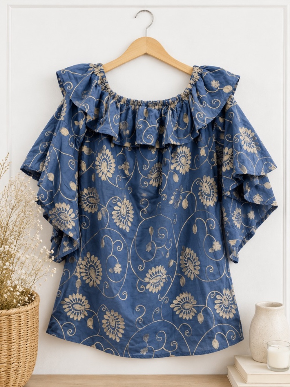 Polagram 100% Cotton Embroidered Floral Ruffle Sleeve Peasant Blouse Size Large